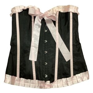 Pink/Black Size Large Ruffle Trim Satin Corset With Satin Lace Ribbon Tie.